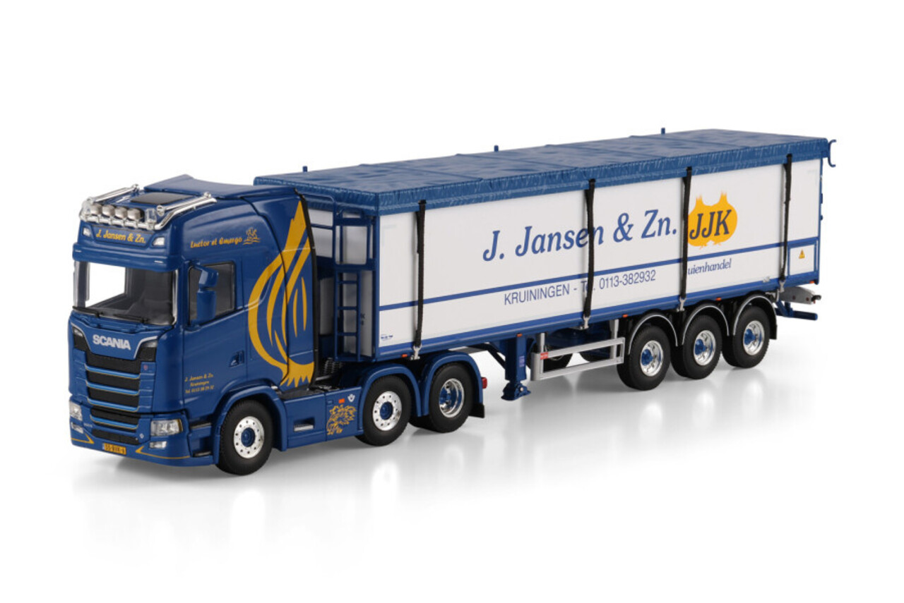 Scania Scania S Highline CS20H 6x2 Twin Steer + Belt Semi Trailer 3 Axle 'J.Jansen & Zonen' - 1:50 - WSI Models Scania Scania S Highline CS20H 6x2 Twin Steer + Belt Semi Trailer 3 Axle 'J.Jansen & Zonen' - 1:50 - WSI Models