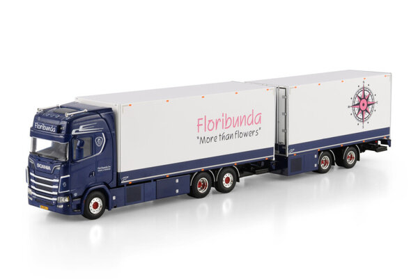 Scania Scania S Highline CS20H Rigid Reefer Truck 6x2 Tag Axle+ Rigid Reefer Drawbar Centre-Axled Trailer 2 Axle 'Floribunda' - 1:50 - WSI Models Scania Scania S Highline CS20H Rigid Reefer Truck 6x2 Tag Axle+ Rigid Reefer Drawbar Centre-Axled Trailer 2 Axle 'Floribunda' - 1:50 - WSI Models
