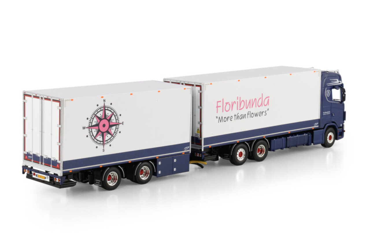 Scania Scania S Highline CS20H Rigid Reefer Truck 6x2 Tag Axle+ Rigid Reefer Drawbar Centre-Axled Trailer 2 Axle 'Floribunda' - 1:50 - WSI Models Scania Scania S Highline CS20H Rigid Reefer Truck 6x2 Tag Axle+ Rigid Reefer Drawbar Centre-Axled Trailer 2 Axle 'Floribunda' - 1:50 - WSI Models