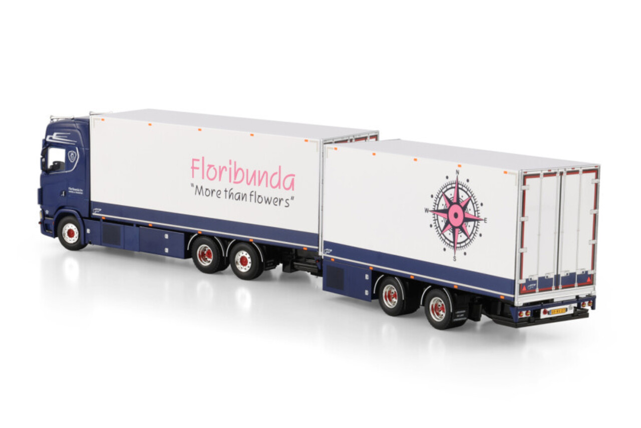 Scania Scania S Highline CS20H Rigid Reefer Truck 6x2 Tag Axle+ Rigid Reefer Drawbar Centre-Axled Trailer 2 Axle 'Floribunda' - 1:50 - WSI Models Scania Scania S Highline CS20H Rigid Reefer Truck 6x2 Tag Axle+ Rigid Reefer Drawbar Centre-Axled Trailer 2 Axle 'Floribunda' - 1:50 - WSI Models