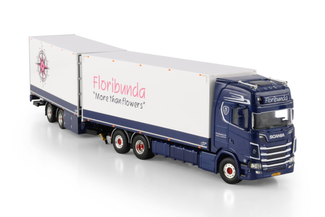 Scania Scania S Highline CS20H Rigid Reefer Truck 6x2 Tag Axle+ Rigid Reefer Drawbar Centre-Axled Trailer 2 Axle 'Floribunda' - 1:50 - WSI Models Scania Scania S Highline CS20H Rigid Reefer Truck 6x2 Tag Axle+ Rigid Reefer Drawbar Centre-Axled Trailer 2 Axle 'Floribunda' - 1:50 - WSI Models