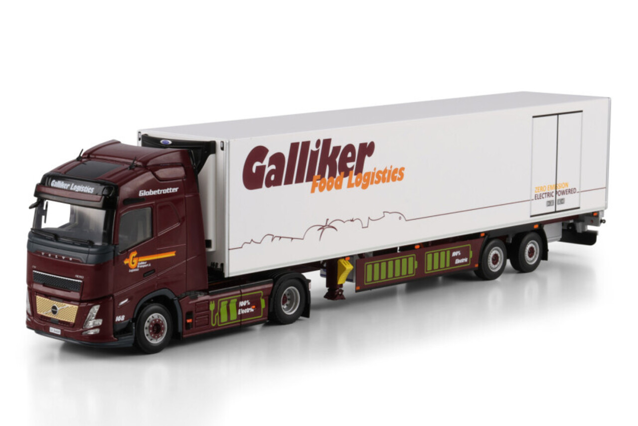 Volvo Volvo FH Aero Globetrotter Electric 4x2 + Reefer Semitrailer 2 Axle 'Galliker' - 1:50 - WSI Models Volvo Volvo FH Aero Globetrotter Electric 4x2 + Reefer Semitrailer 2 Axle 'Galliker' - 1:50 - WSI Models