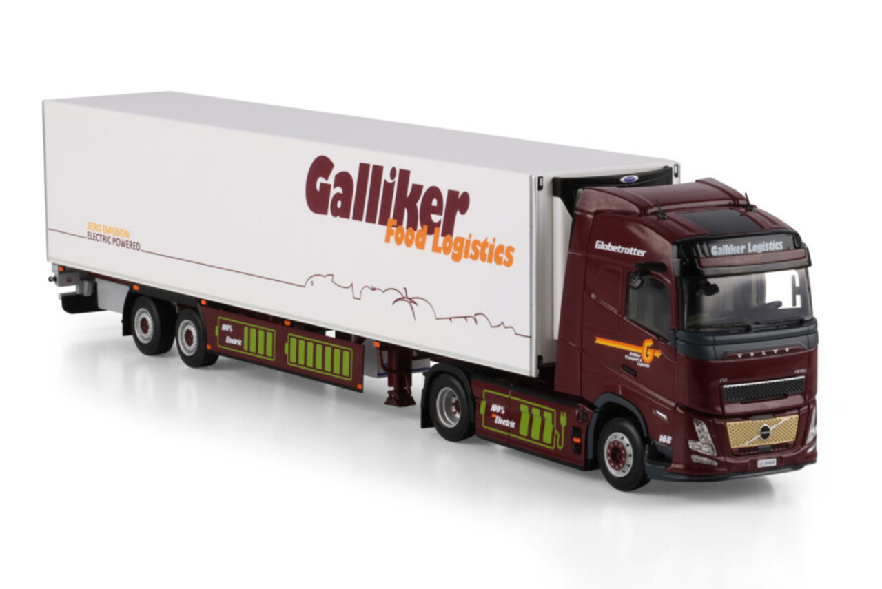 Volvo Volvo FH Aero Globetrotter Electric 4x2 + Reefer Semitrailer 2 Axle 'Galliker' - 1:50 - WSI Models Volvo Volvo FH Aero Globetrotter Electric 4x2 + Reefer Semitrailer 2 Axle 'Galliker' - 1:50 - WSI Models