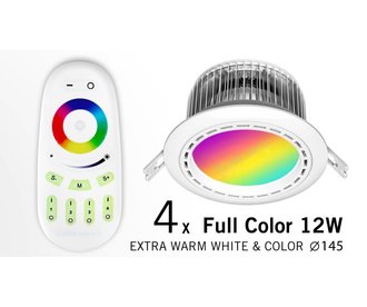 Four 12 Watt LED RGBW Downlights, Full Color RGB and 2700K Warm White