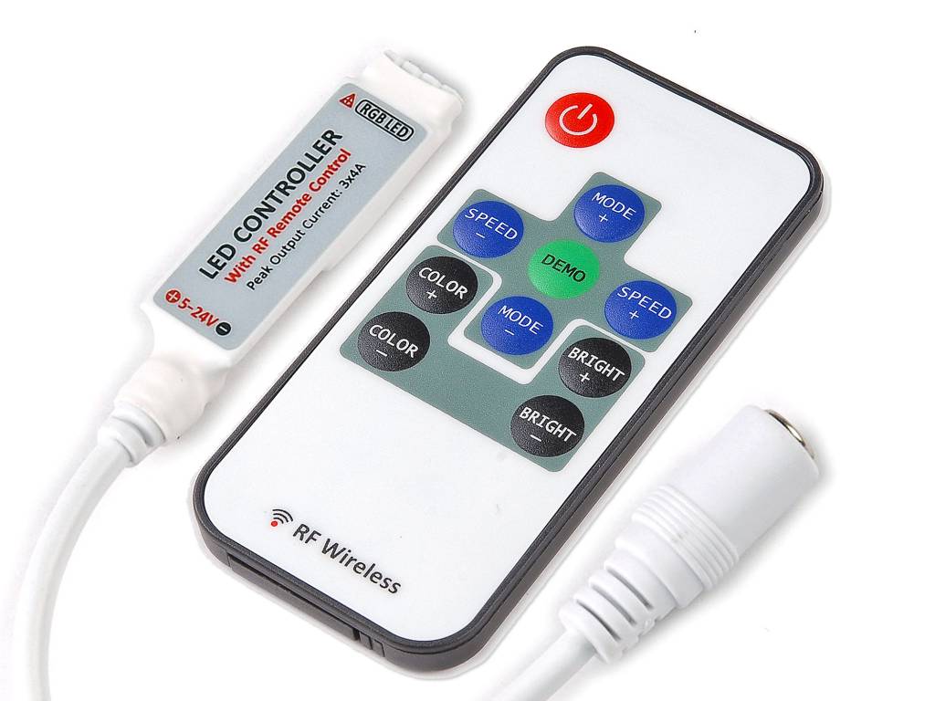 Mini LED strip RGB controller with RF remote control, 12A, 5V-24V