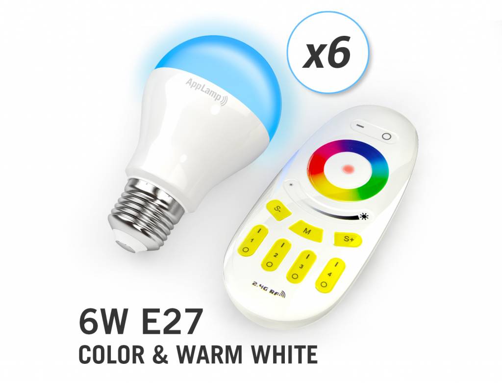 AppLamp Set of 6 RGBW 6 Watt E27 LED light bulbs + remote control