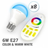 AppLamp Set of 8 RGBW 6 Watt E27 LED light bulbs + remote control
