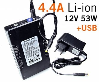 4,4 Ampère 12V Li-Ion Batterij pack - LED Accu Power Bank 4.4A 12V 53W + USB Out