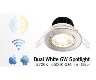 AppLamp 6 Watt Dual White LED tiltable recessed downlight. 230Volt Driver/controller included. Silver Chrome