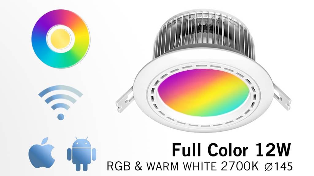 12 Watt LED RGBW Downlight, Full Color RGB and 2700K Warm White, 86-265V