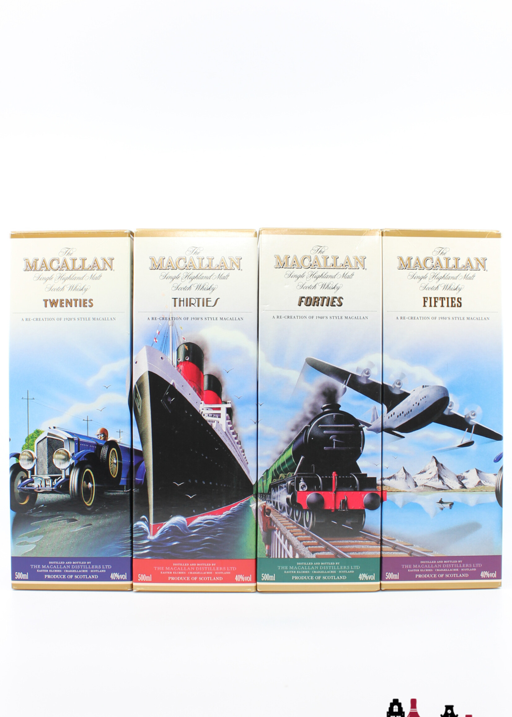 The Macallan Macallan Travel Series set: 1920's (Twenties), 1930's (Thirties), 1940's (Forties), 1950's (Fifties) 40% (Full set)