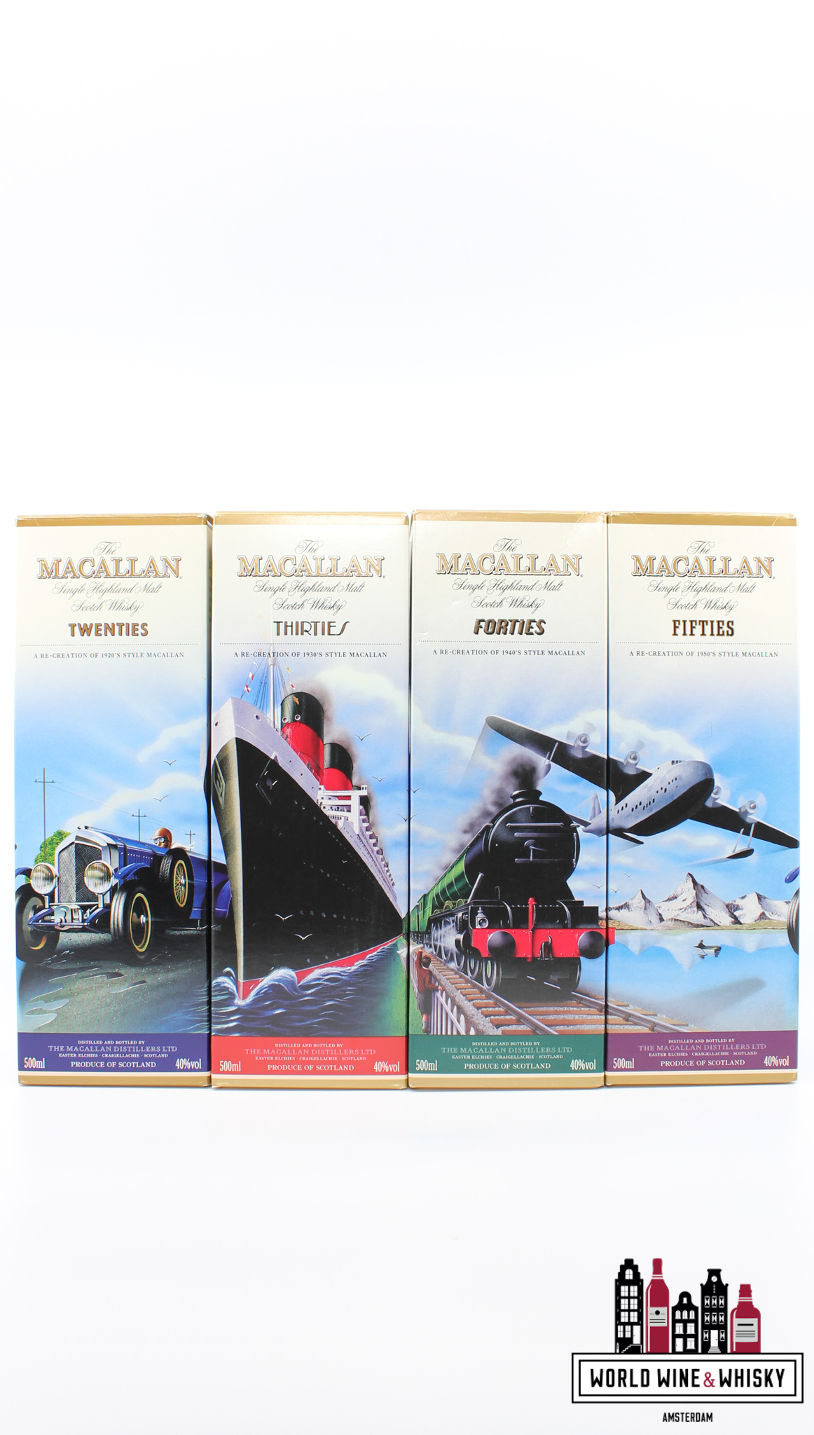 Macallan Macallan Travel Series set: 1920's (Twenties), 1930's (Thirties), 1940's (Forties), 1950's (Fifties) 40% (Full set)