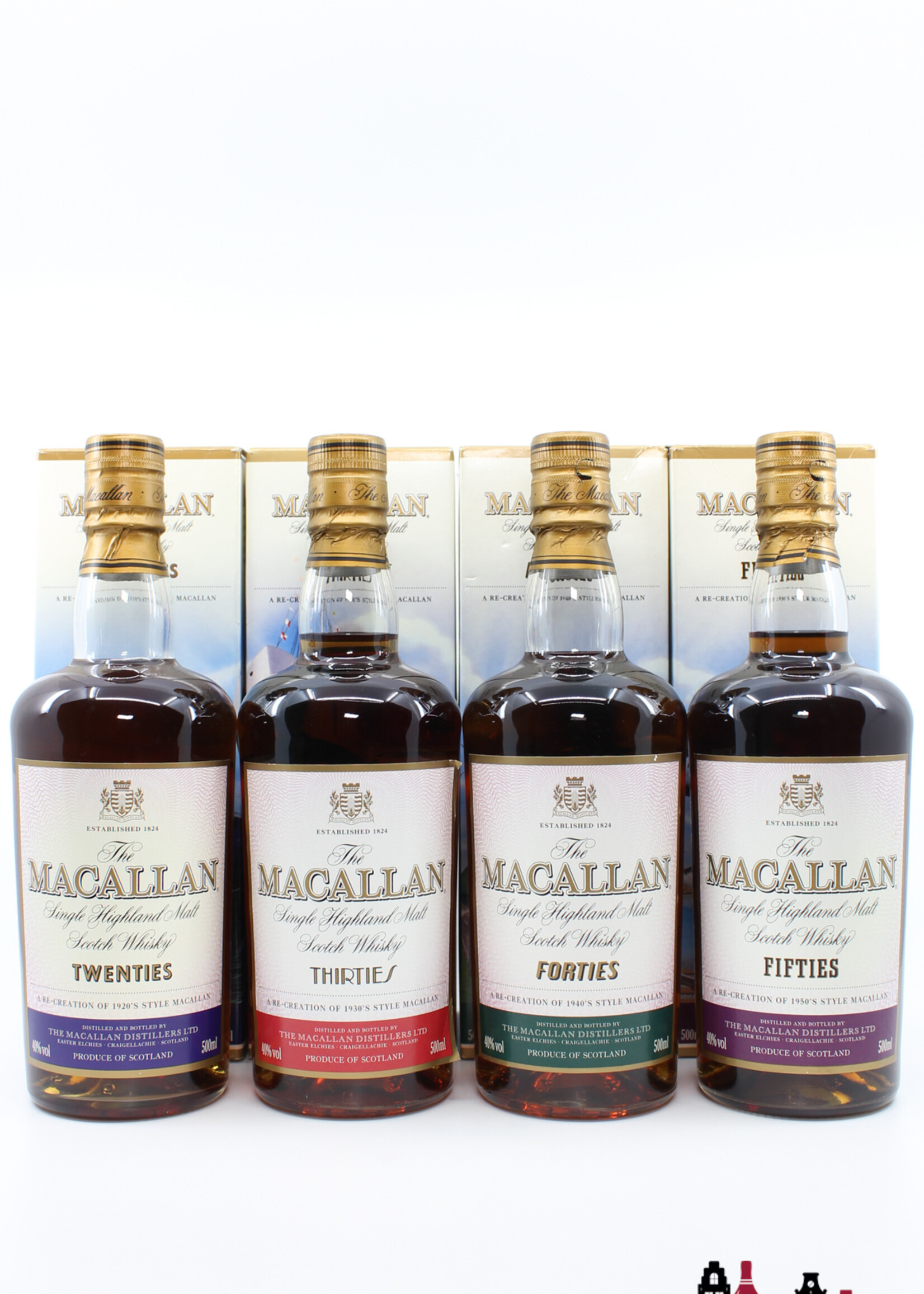 The Macallan Macallan Travel Series set: 1920's (Twenties), 1930's (Thirties), 1940's (Forties), 1950's (Fifties) 40% (Full set)