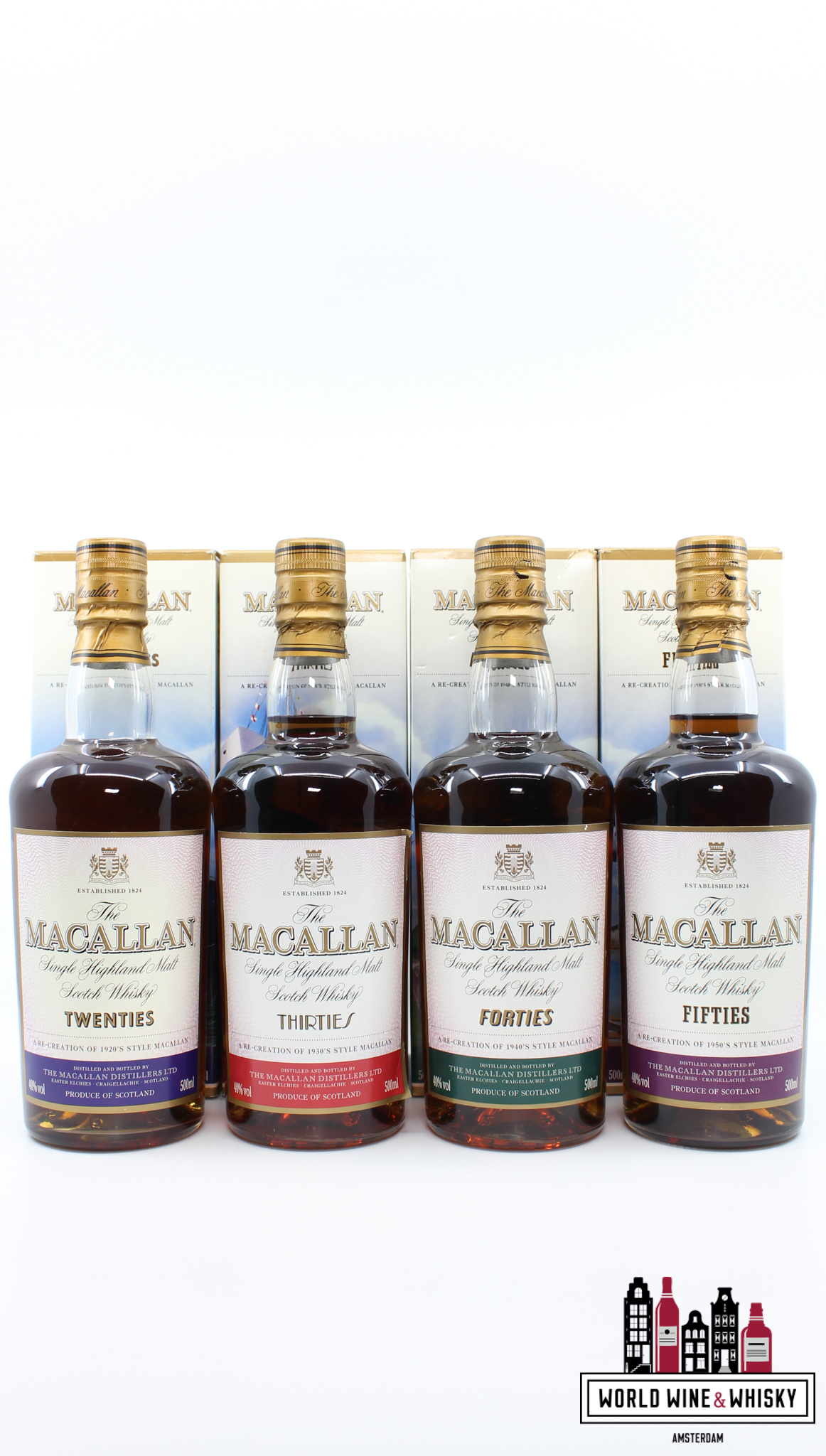 The Macallan Macallan Travel Series set: 1920's (Twenties), 1930's (Thirties), 1940's (Forties), 1950's (Fifties) 40% (Full set)