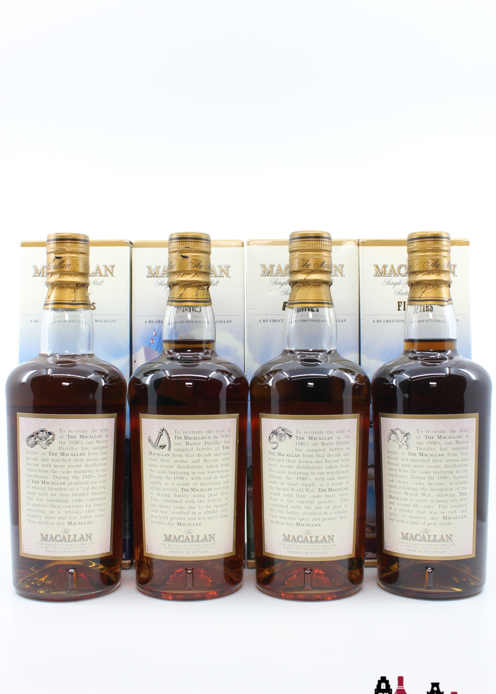 The Macallan Macallan Travel Series set: 1920's (Twenties), 1930's (Thirties), 1940's (Forties), 1950's (Fifties) 40% (Full set)