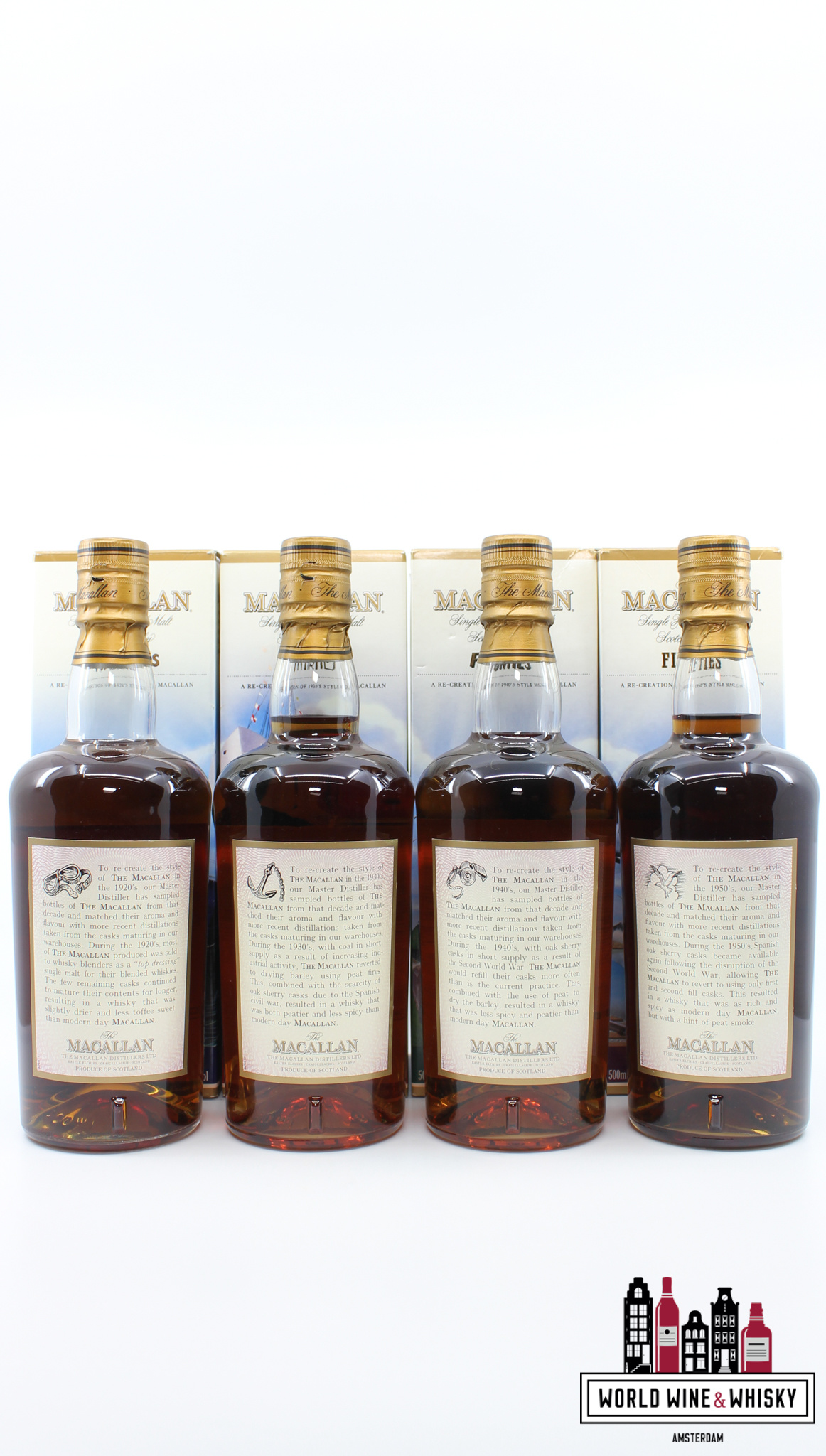 The Macallan Macallan Travel Series set: 1920's (Twenties), 1930's (Thirties), 1940's (Forties), 1950's (Fifties) 40% (Full set)