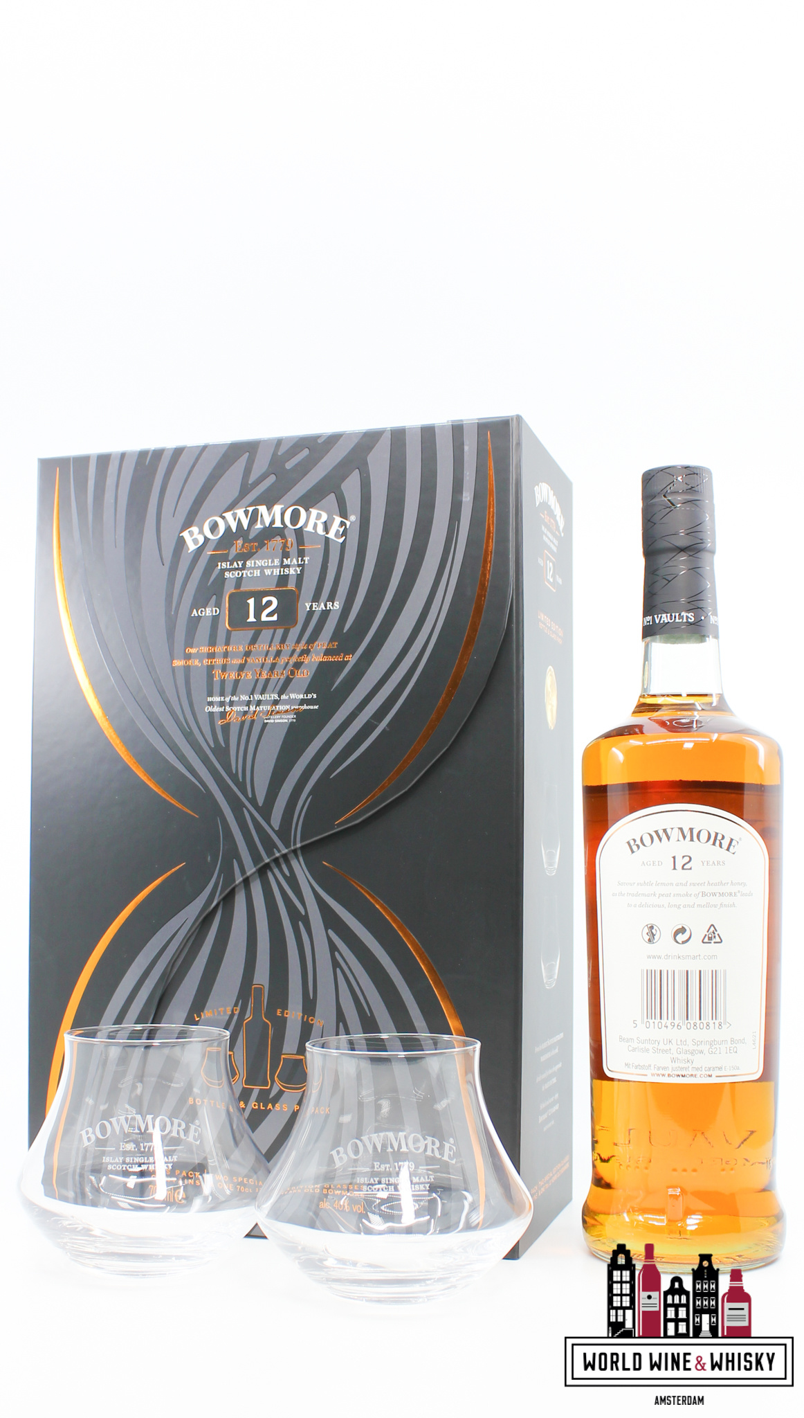 two Giftbox Bowmore 12 special & Giftpack Wine glasses World / Years - Old, 40% incl. Whisky