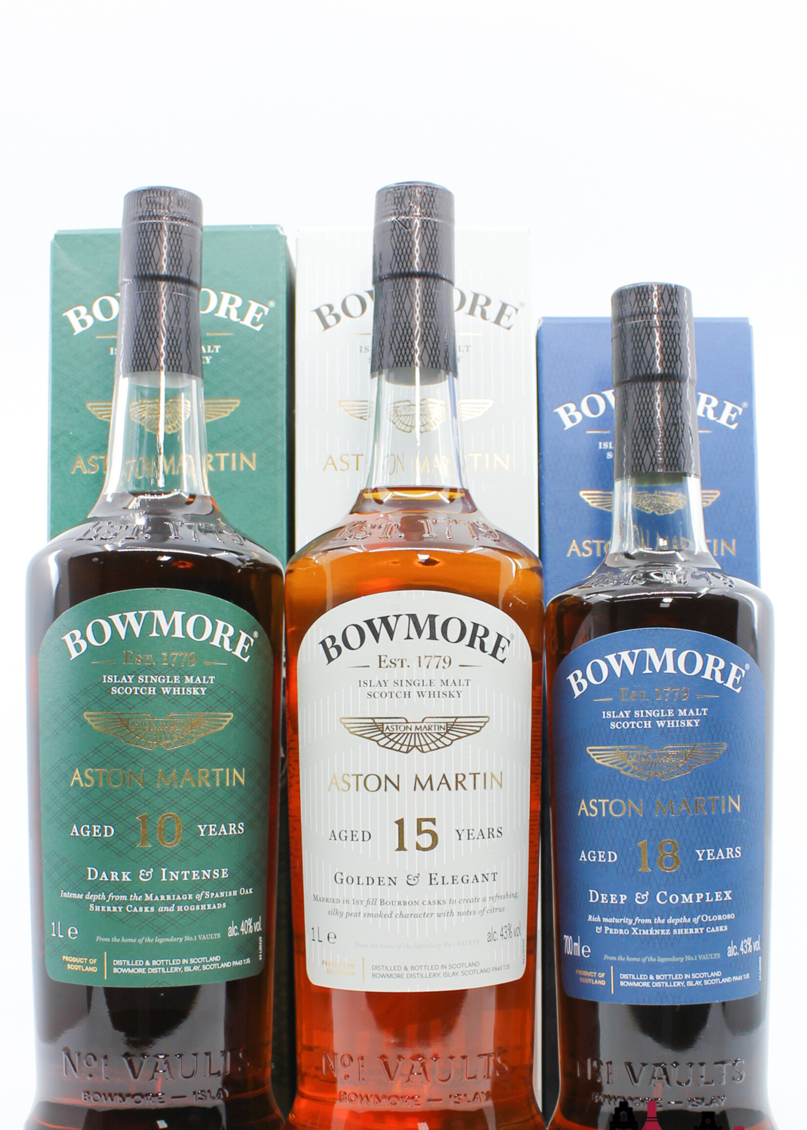 Bowmore Bowmore 2022 - Aston Martin 10 YO (dark&intense), 15 YO (golden&elegant) and 18 YO (deep&complex) - set of 3 bottles