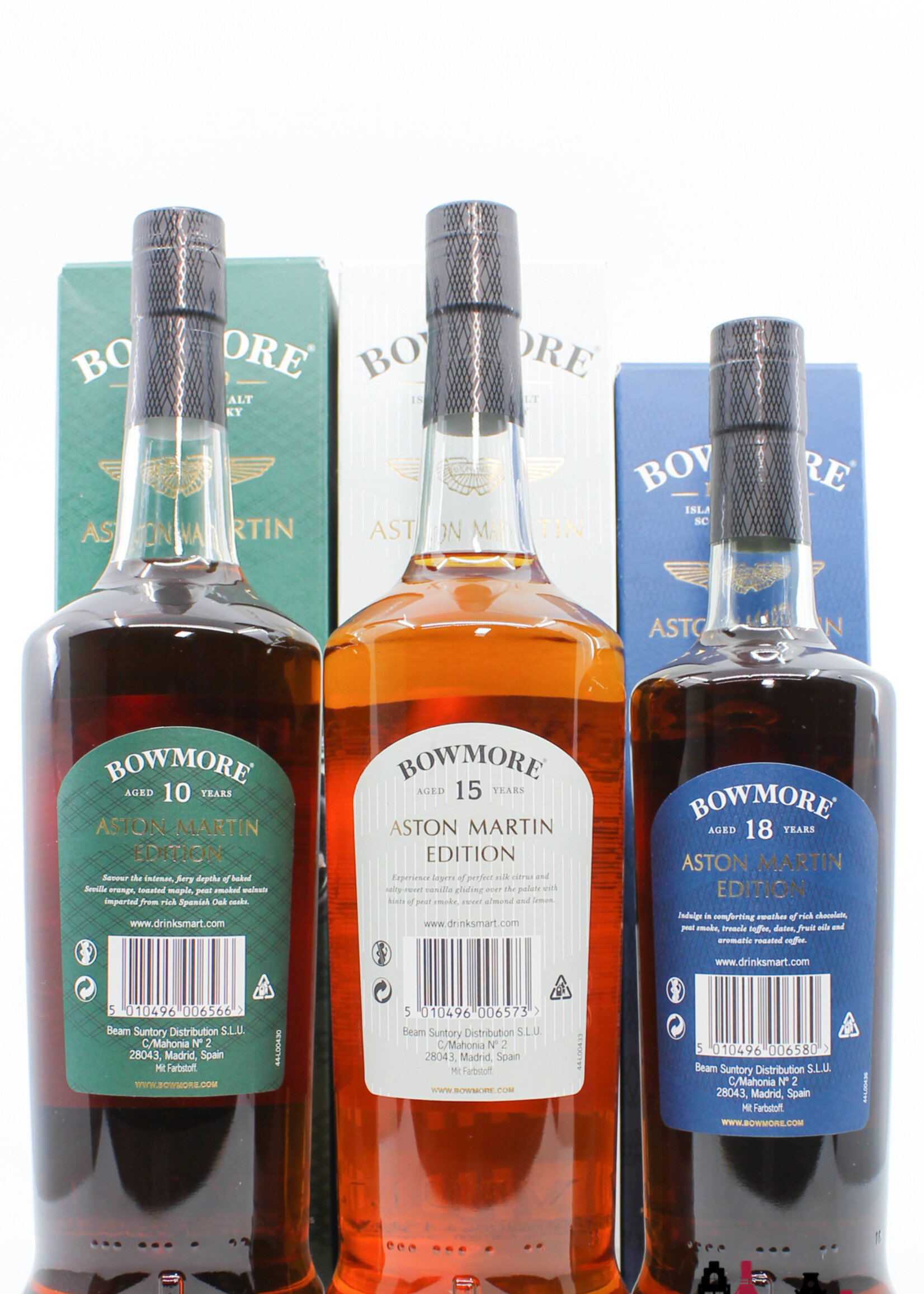 Bowmore Bowmore 2022 - Aston Martin 10 YO (dark&intense), 15 YO (golden&elegant) and 18 YO (deep&complex) - set of 3 bottles