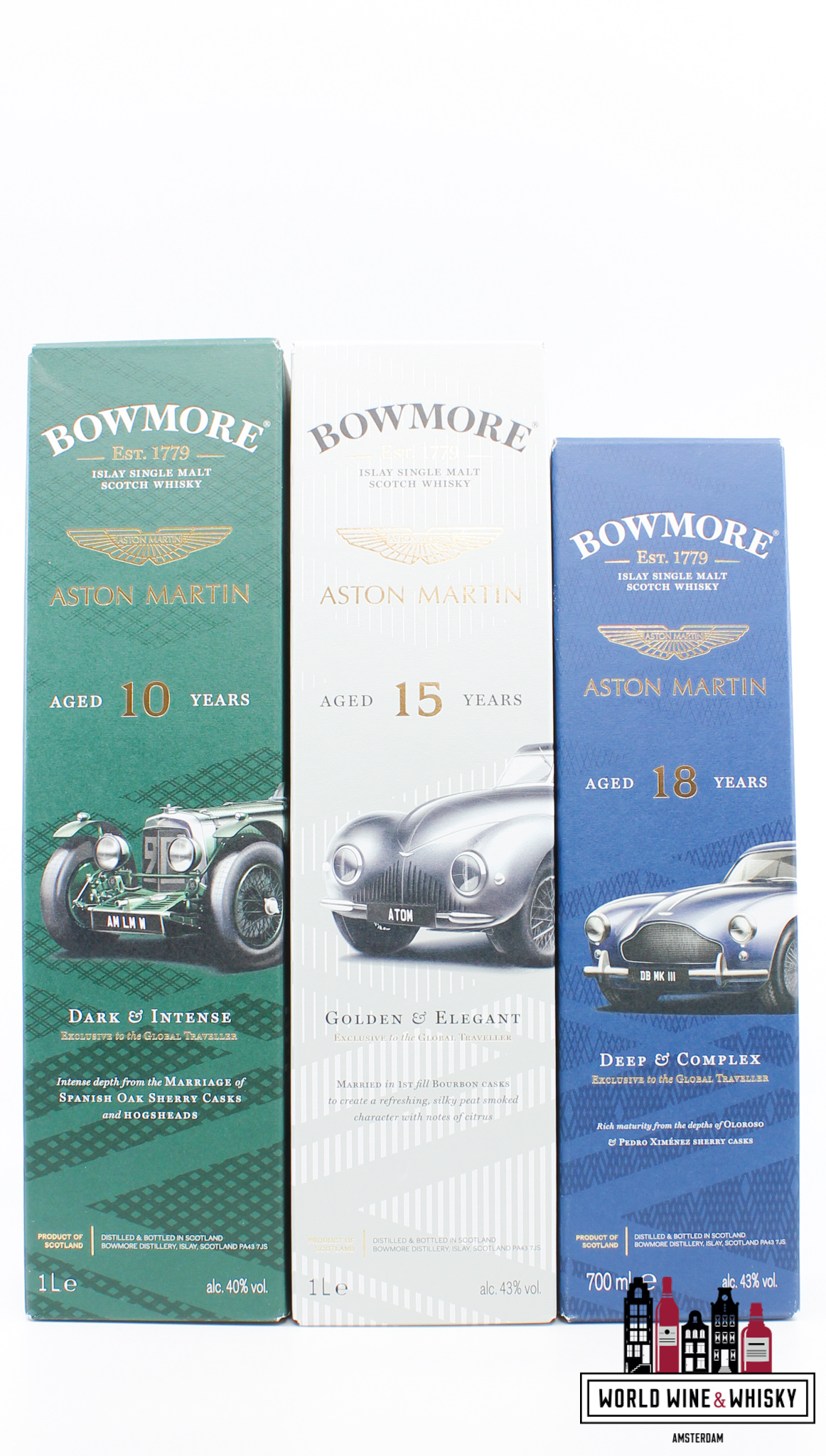 Bowmore Bowmore 2022 - Aston Martin 10 YO (dark&intense), 15 YO (golden&elegant) and 18 YO (deep&complex) - set of 3 bottles