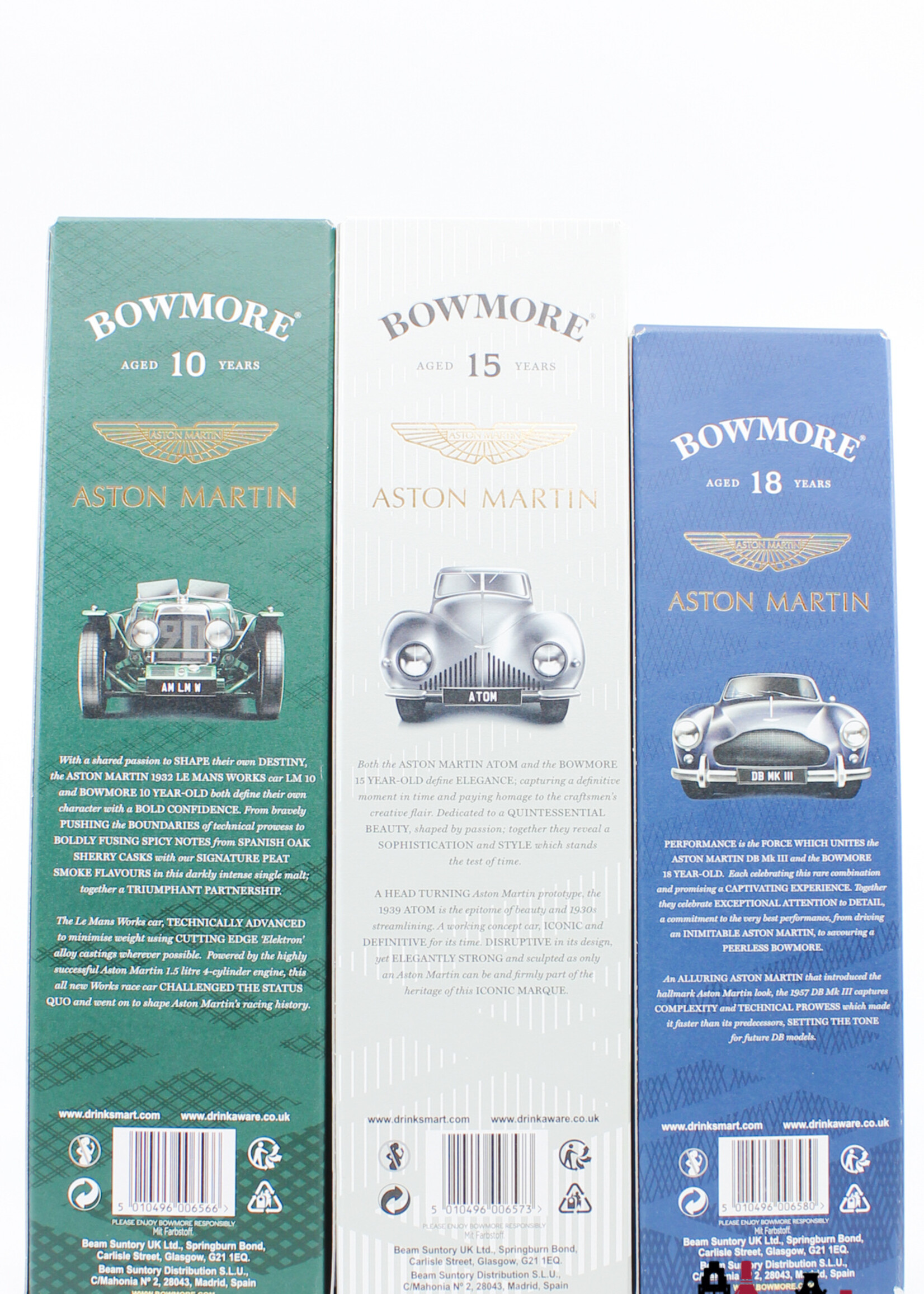 Bowmore Bowmore 2022 - Aston Martin 10 YO (dark&intense), 15 YO (golden&elegant) and 18 YO (deep&complex) - set of 3 bottles