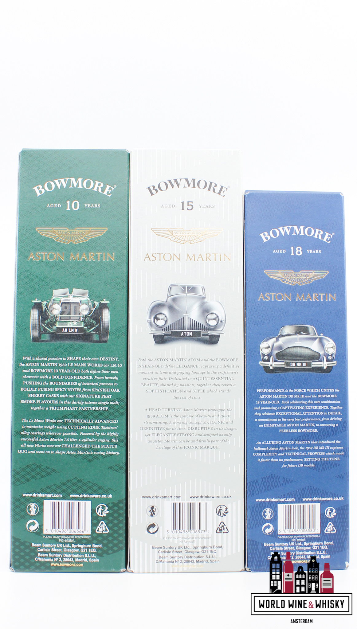 Bowmore Bowmore 2022 - Aston Martin 10 YO (dark&intense), 15 YO (golden&elegant) and 18 YO (deep&complex) - set of 3 bottles