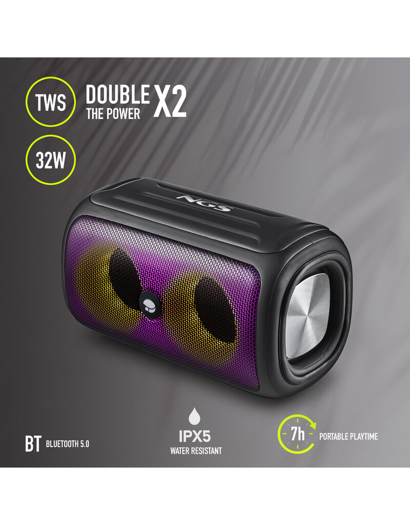 NGS NGS ROLLER BEAST, 32 W, Draadloze Speaker bluetooth, 10 m, USB Type-A, USB Type-C, Draadloze stereoluidspreker, Zwart, IPX5 WATERBESTENDIGE BT-LUIDSPREKER 32W- BT/USB/TF/AUX IN - TWS