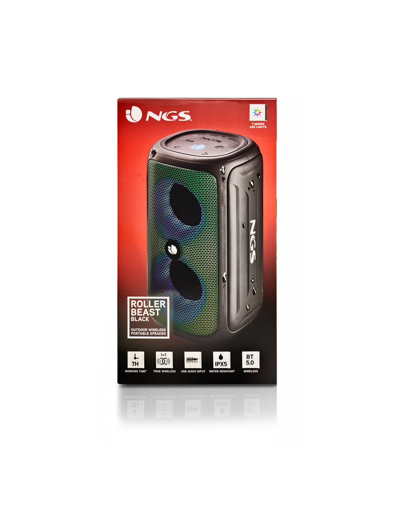 NGS NGS ROLLER BEAST, 32 W, Draadloze Speaker bluetooth, 10 m, USB Type-A, USB Type-C, Draadloze stereoluidspreker, Zwart, IPX5 WATERBESTENDIGE BT-LUIDSPREKER 32W- BT/USB/TF/AUX IN - TWS