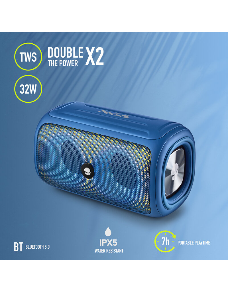 NGS NGS ROLLER BEAST, 32 W, Draadloze Speaker bluetooth, 10 m, USB Type-A, USB Type-C, Draadloze stereoluidspreker, Blauw, IPX5 WATERBESTENDIGE BT-LUIDSPREKER 32W- BT/USB/TF/AUX IN - TWS -