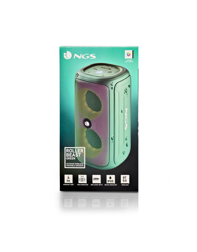 NGS NGS ROLLER BEAST, 32 W, Draadloze Speaker bluetooth, 10 m, USB Type-A, USB Type-C, Draadloze stereoluidspreker, Groen  IPX5 WATERBESTENDIGE BT-LUIDSPREKER 32W- BT/USB/TF/AUX IN - TWS -