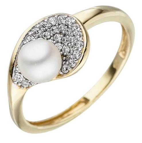 Perlenring mit Zirkonia Gelbgold 375
