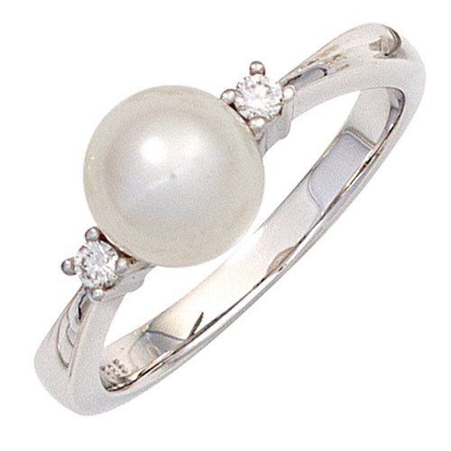 Perlenring mit Diamanten, Weißgold 585