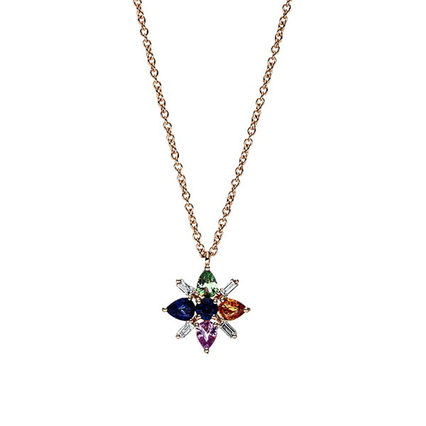  Farbedelstein Collier mit Saphiren, Granat und Diamanten, Rotgold 750