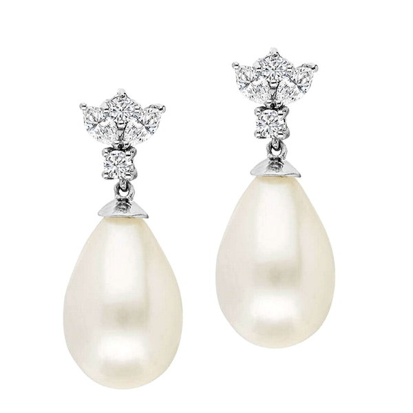  Akoya Perlen-Ohrringe mit Diamanten, Weißgold 585 (14 Karat)