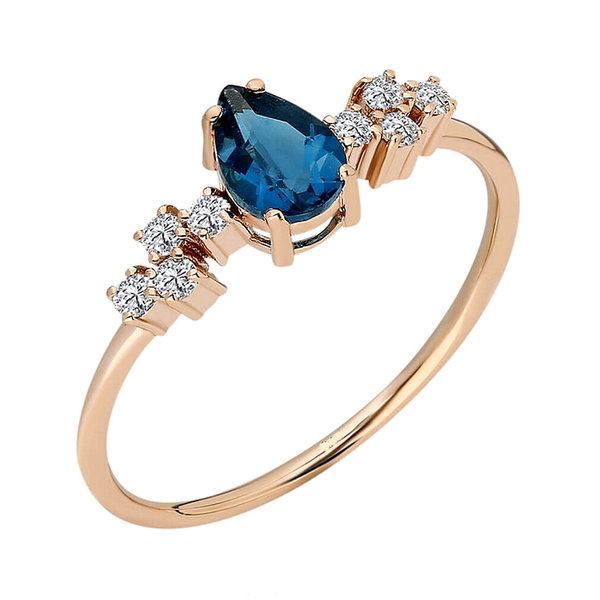  Ring mit Topas London Blue Tropfen und Diamanten, 585er Rotgold