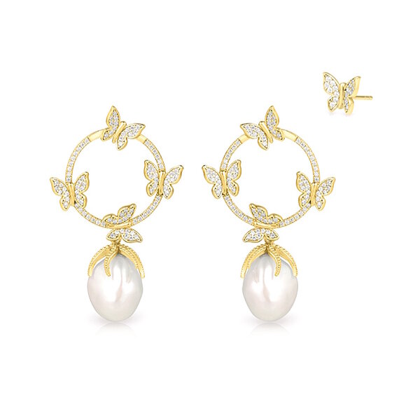  Perlen Ohrringe Schmetterling mit Zirkonia Silber vergoldet