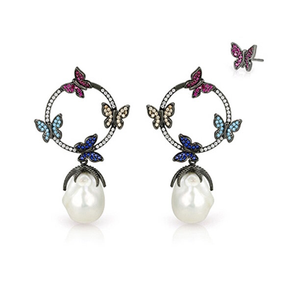  Perlen Ohrringe Schmetterling mit farbigen Zirkonia aus Silber