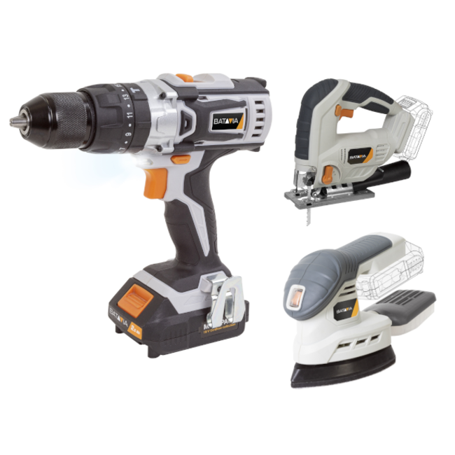 Cordless Drill, Jigsaw, and Multi-Sander - 18V | incl. 2x Battery and Charger | MaxxPack Battery Platform