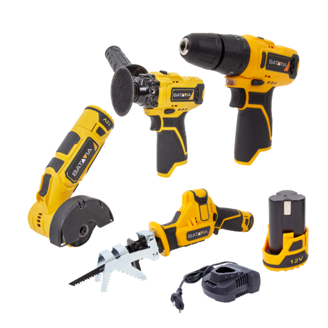 Batavia Cordless Impact Drill, Polisher, Reciprocating Saw & Angle Grinder 12V | incl. Battery & Fast Charger