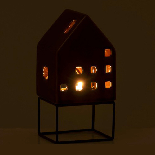 Brown ceramic house tealight holder