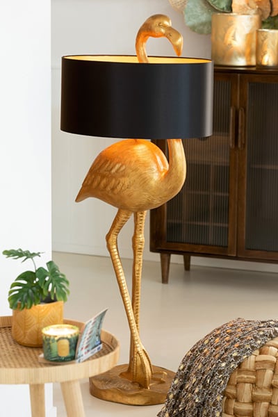 Large gold flamingo table lamp with shade