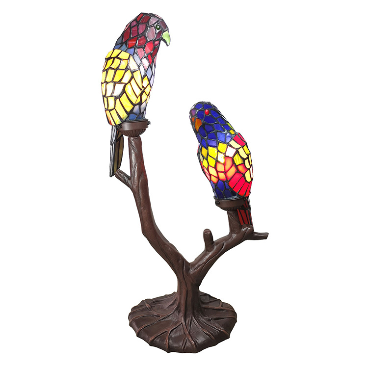 Parrot duo table lamp made of colored Tiffany glass