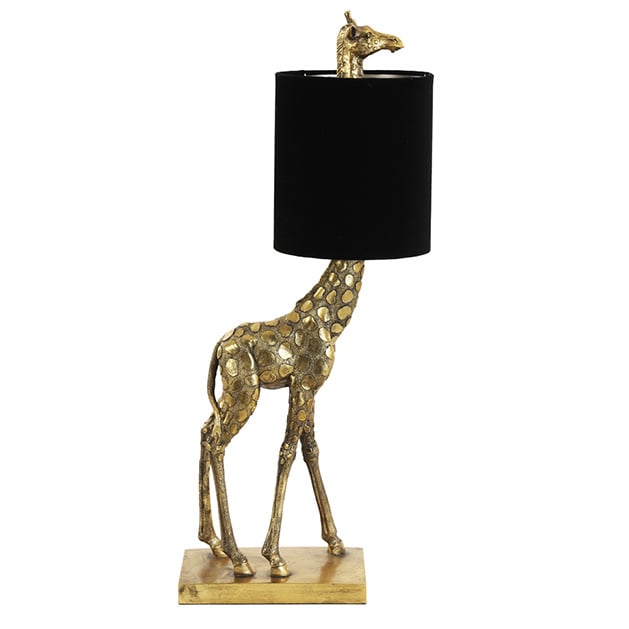 Gold bronze giraffe table light with black shade