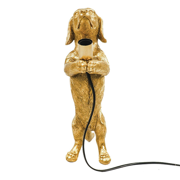 Gouden tafellamp in de vorm van een teckel hondje