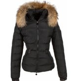 Adrexx Parkas mujer - Mujeres abrigo de invierno corto - Capucha pelo 2 cremallera - Negro