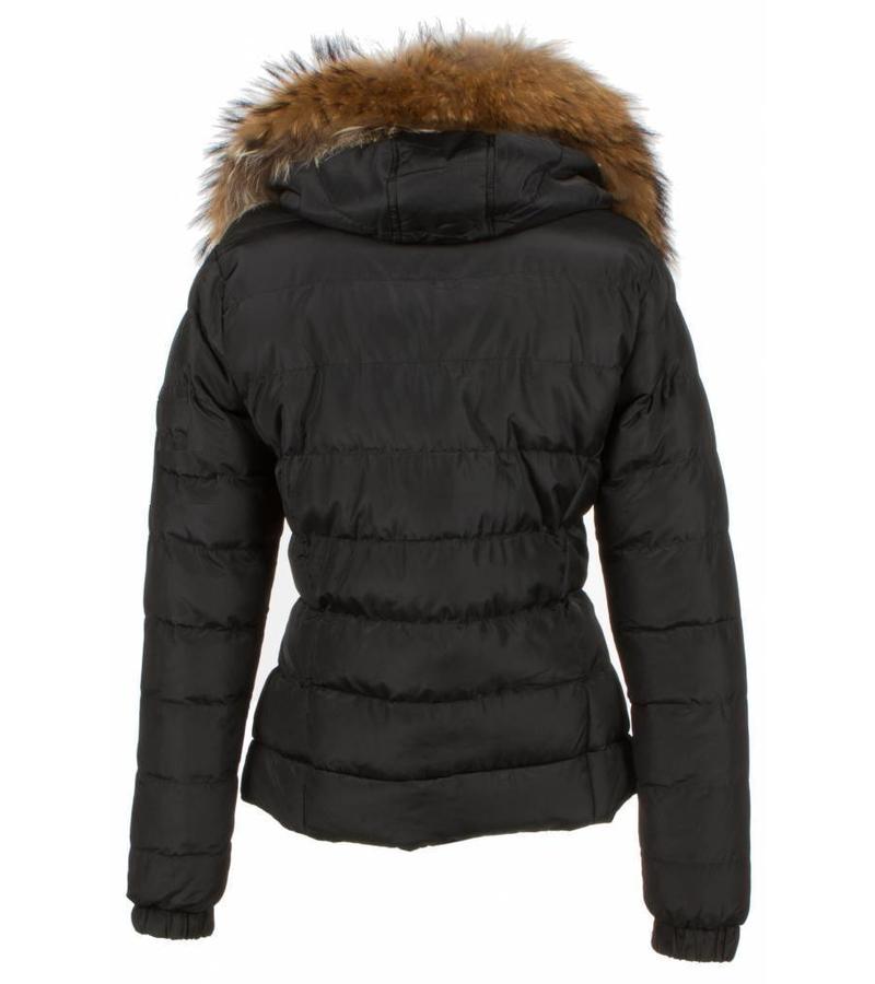 Adrexx Parkas mujer - Mujeres abrigo de invierno corto - Capucha pelo 2 cremallera - Negro