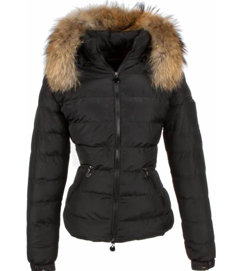 Adrexx Parkas mujer - Mujeres abrigo de invierno corto - Capucha pelo 2 cremallera - Negro