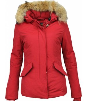 Beluomo Parkas mujer - Mujeres Abrigos de Invierno - Capucha pelo Grande - Short Wooly - Rojo