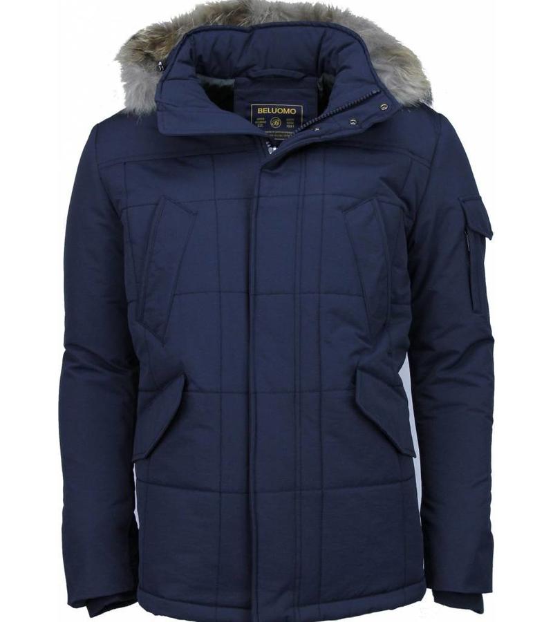 Beluomo Parkas hombre - Abrigos de Caballero largo - Capucha pelo Chico - Parka Diamon Pattern - Azul