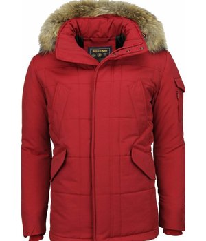 Beluomo Parkas hombre - Abrigos de Caballero largo - Capucha pelo Grande - Parka Diamon Pattern - Rojo